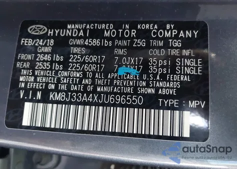 2018 Hyundai Tucson Sel z USA, uszkodzony, nr VIN KM8J33A4XJU696550